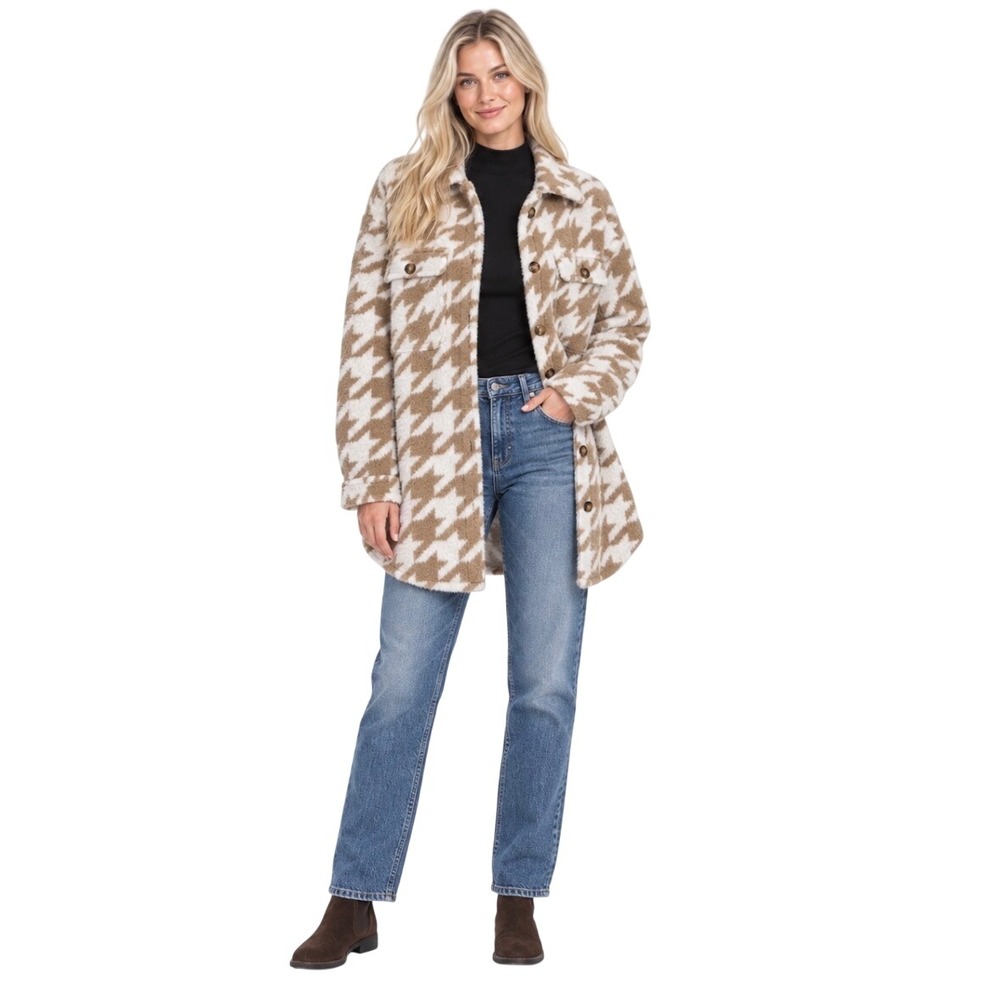 Torrid Plus Size 2 18–20/2X Houndstooth Eyelash Knit Shacket Tan White